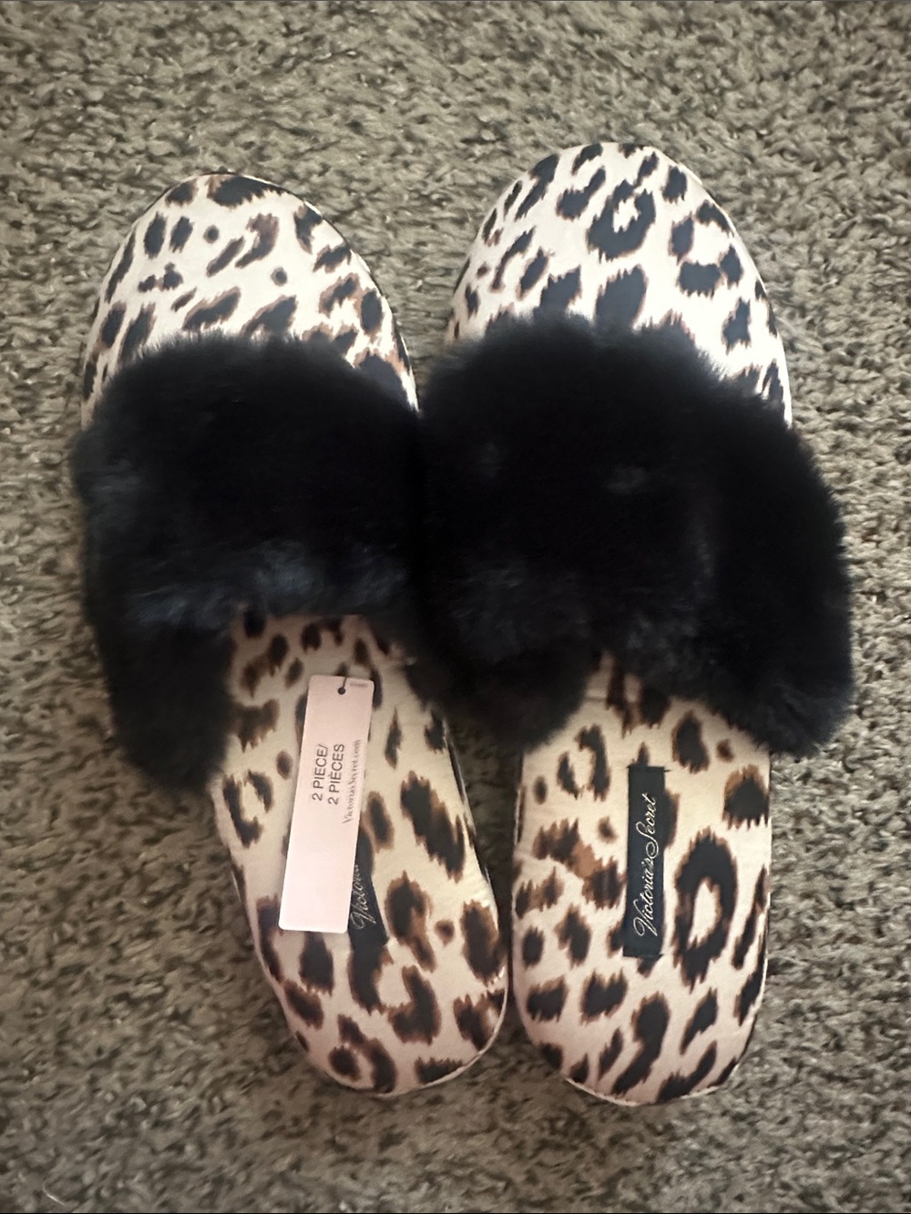 Victoria's Secret Leopard Faux Fur Slide Slippers - Black/Tan
